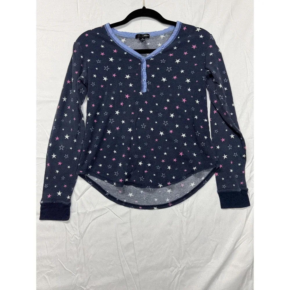 AQUA Women's Medium Navy Blue Star Pattern‎ Sleep-Wear Thermal Pajama Set